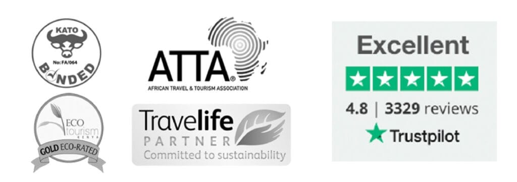 Travel company accreditations and reviews including KATO bonded, ATTA, Eco Tourism Gold, Travelife Partner, and Trustpilot rating 4.8 from 3329 reviews
