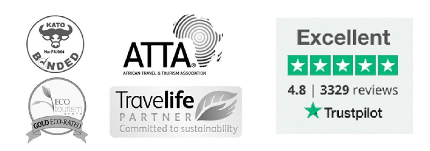 Travel company accreditations and reviews including KATO bonded, ATTA, Eco Tourism Gold, Travelife Partner, and Trustpilot rating 4.8 from 3329 reviews