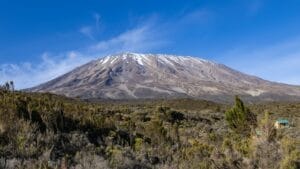 Scenic view of Mount Kilimanjaro with snow-capped peak under clear blue sky