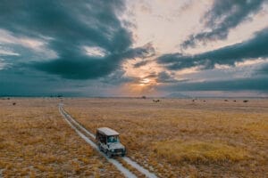 Safari vehicle driving through African savannah at sunset with dramatic skies