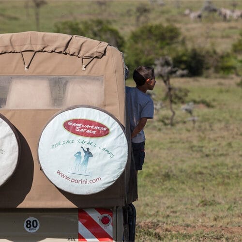Safari vehicle from Gamewatchers Safaris with tourists observing antelope in African savannah