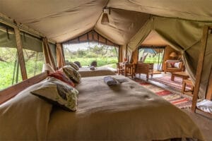 Luxury safari tent interior with twin beds, rustic wooden furniture, and outdoor views of African wilderness