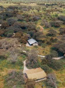 Aerial view of safari tents in Maasai Mara wilderness