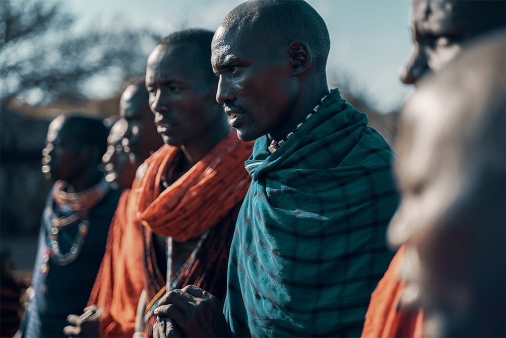 Group of Maasai men in traditional clothing in Kenya