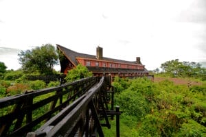 Wooden walkway leading to safari lodge in Kenya
