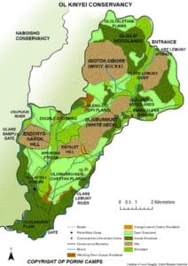 Detailed map of Ol Kinyei Conservancy with camps, rivers, and plains