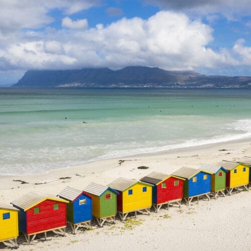 Aerial view of Muizenberg Beach, Cape Town, South Africa.