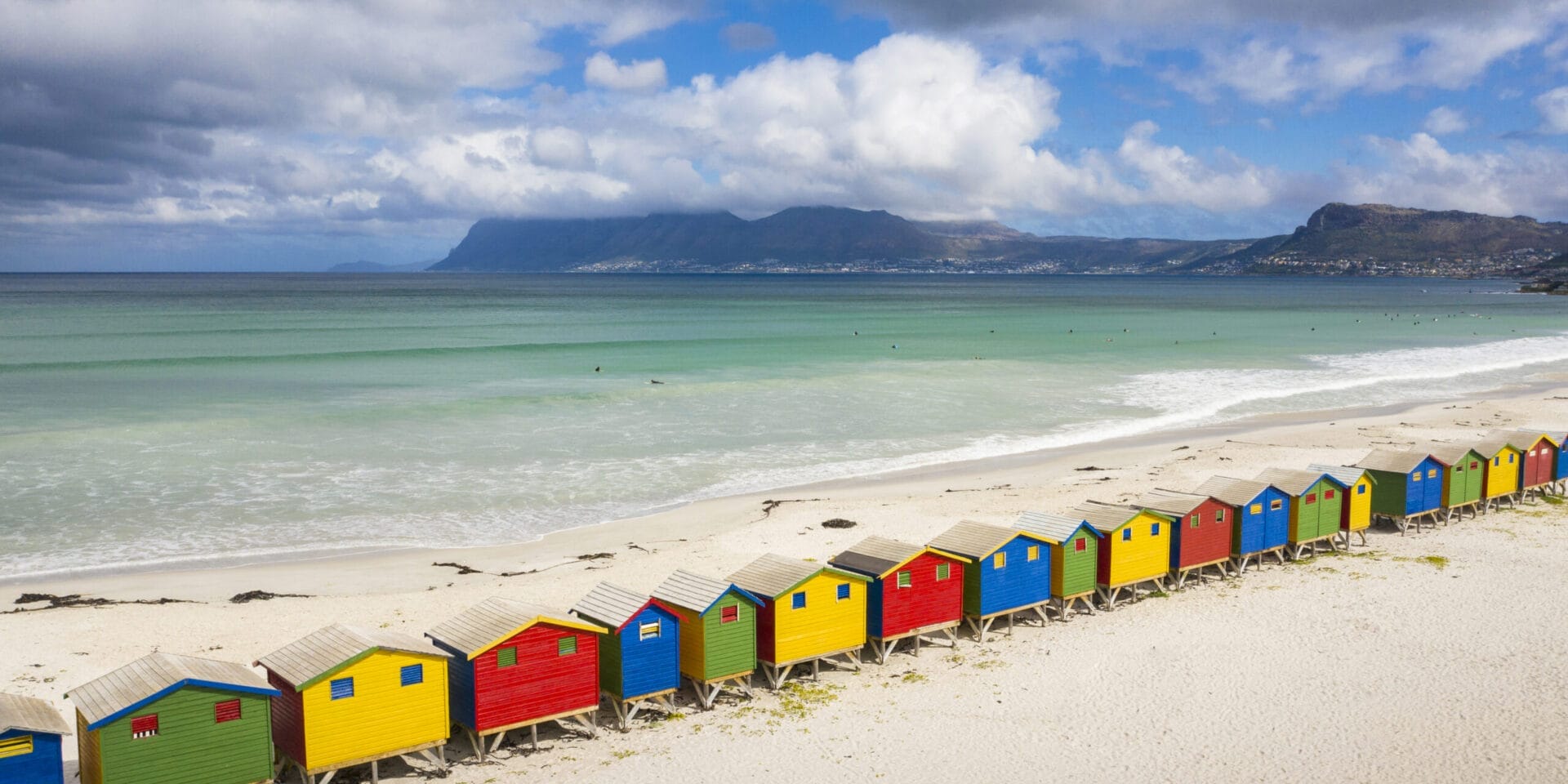 Aerial view of Muizenberg Beach, Cape Town, South Africa.