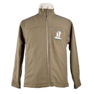 Khaki zip-up jacket with a logo of a giraffe and text on the chest