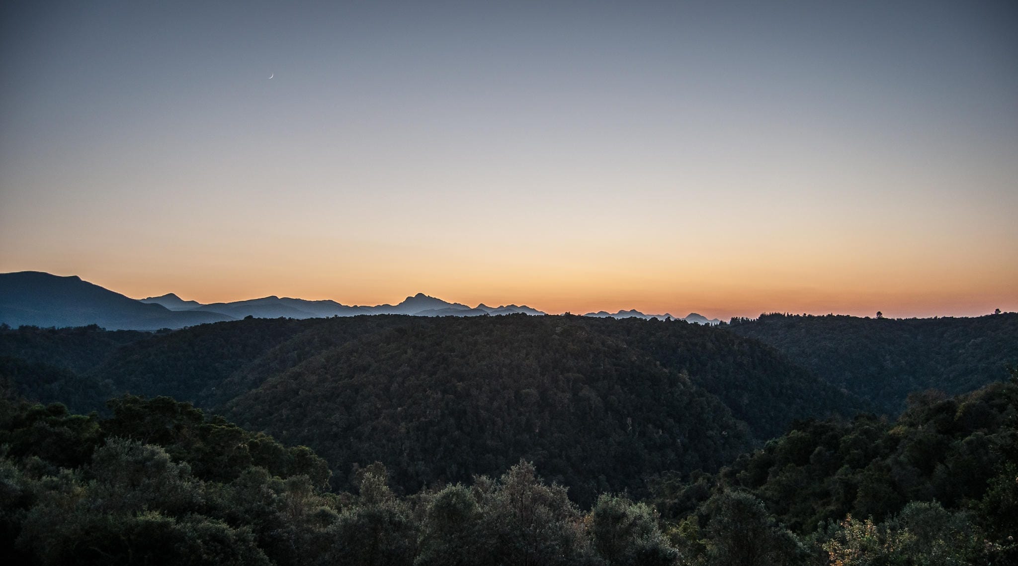 sunrise over forested valleys