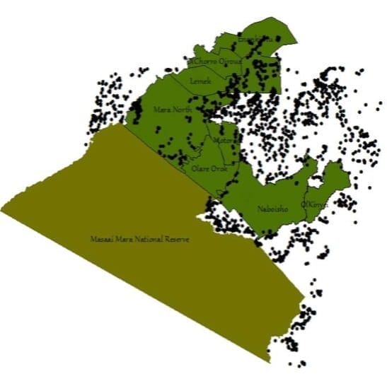 Human habitation beyond the Maasai Mara National Reserve.