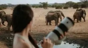 A lady holding professional telephoto lens overlooking a classic wildlife photography scene taken from our specialised viewing platform at Porini Amboseli Camp in Selenkay Conservancy in Kenya. Photo credit Celine & Sacha