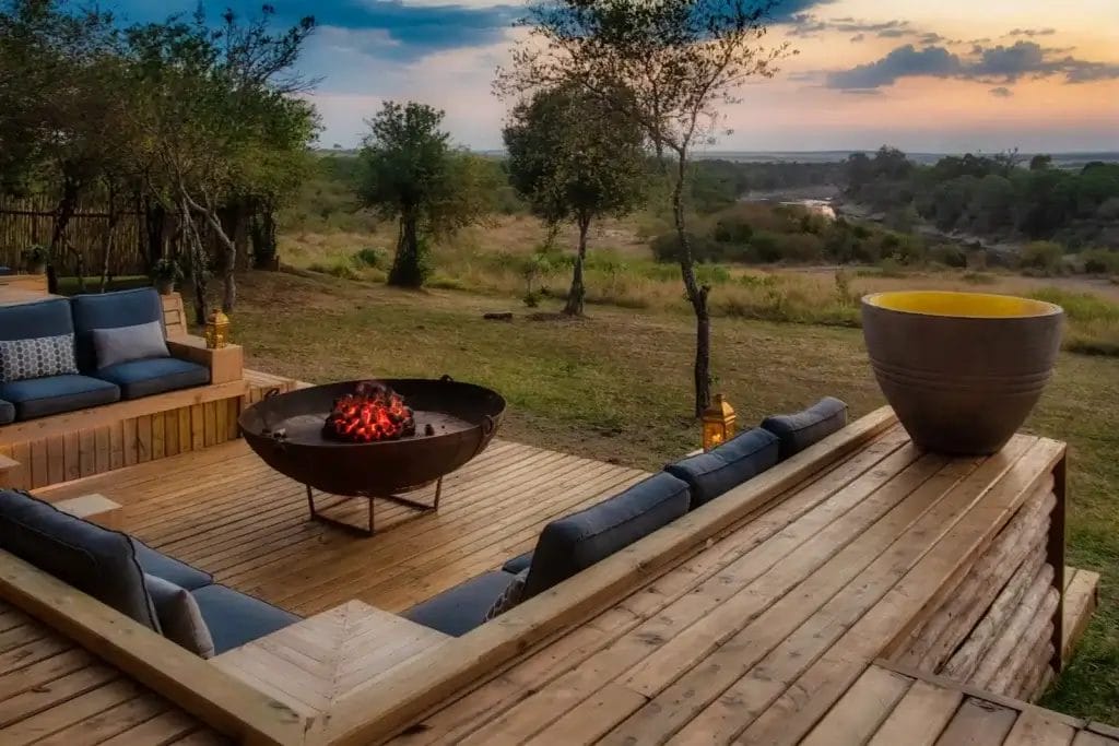 Fire and seating area at Entim Main Camp, in Mara Masai in Kenya.