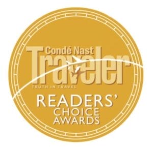 Gold circular badge saying 'Condé Nast Traveler Readers' Choice Awards' (Travelers' Choice Award)