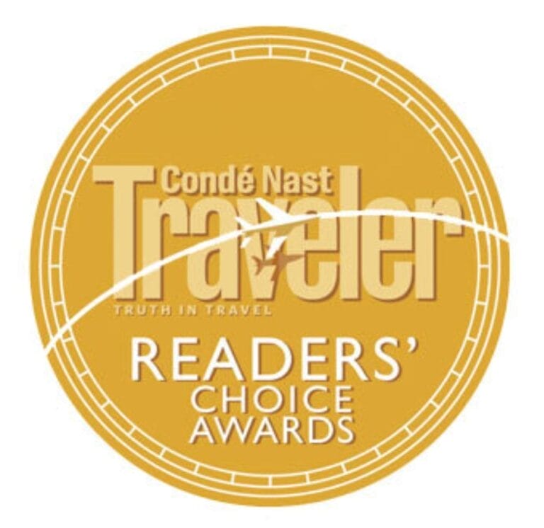 Gold circular badge saying 'Condé Nast Traveler Readers' Choice Awards' (Travelers' Choice Award)