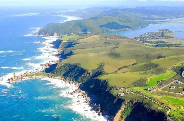Aerial view of a coastal landscape on garden route South Africa.